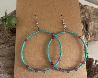 Turquoise and Pink Beaded Hoops