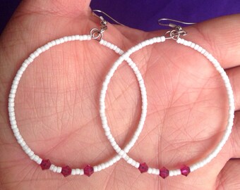 White And Pink Beaded Hoops With Crystals