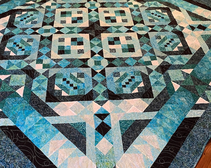Teal Star Block Queen Quilt 97” x 102”