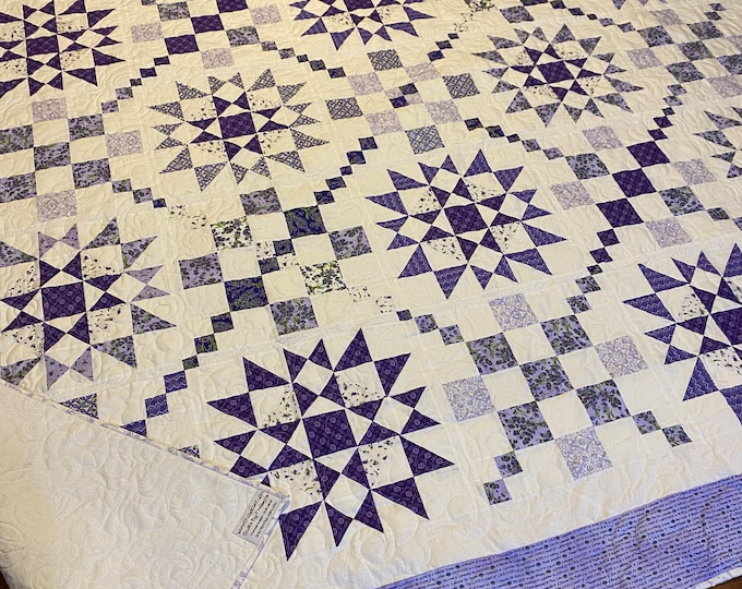 Lavender and White Stars and Chain Block 95” square quilt