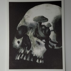 Puede incluir: Una pintura de acuarela en blanco y negro de un cr&aacute;neo humano con hongos creciendo fuera de la cuenca del ojo.