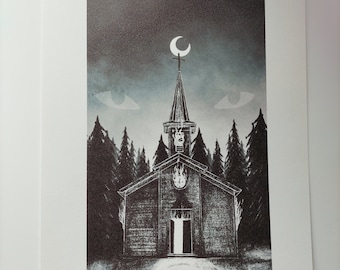 Black Mass Print: Gothic Church Illustration, A4 Art