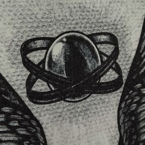 May include: A detailed black and white illustration of a central, egg-shaped object encircled by interwoven bands. The artwork includes stylized wing-like elements on either side, creating a symmetrical composition.