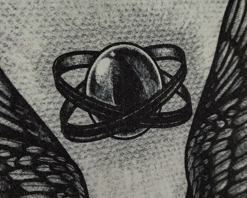 May include: A detailed black and white illustration of a central, egg-shaped object encircled by interwoven bands. The artwork includes stylized wing-like elements on either side, creating a symmetrical composition.