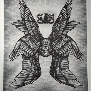 May include: Black and white illustration of a multi-winged angel with multiple eyes. The artwork features detailed feathering and a halo-like design above the angel's head. The background has a textured, faded appearance.