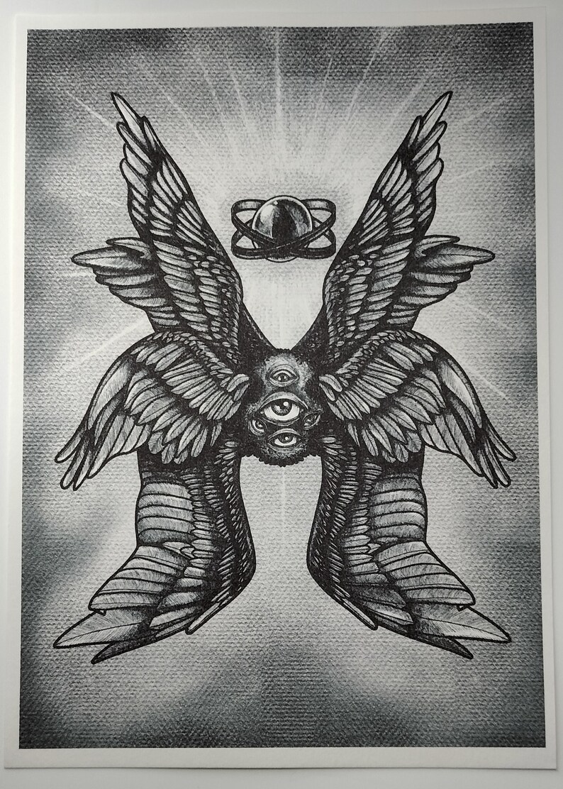 May include: Black and white illustration of a multi-winged angel with multiple eyes. The artwork features detailed feathering and a halo-like design above the angel's head. The background has a textured, faded appearance.