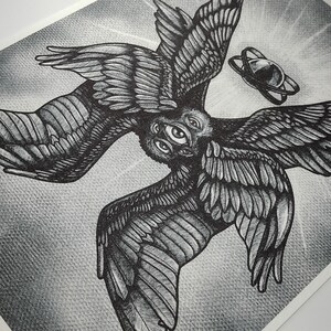 May include: Black and white illustration of a multi-winged, multi-eyed celestial being. The artwork features detailed shading and a stylized depiction of wings and an orb-like object, set against a textured background.