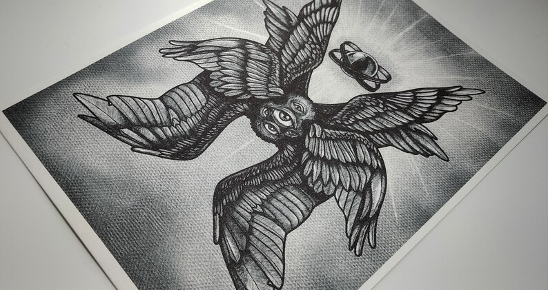 May include: Black and white illustration of a multi-winged, multi-eyed celestial being. The artwork features detailed shading and a stylized depiction of wings and an orb-like object, set against a textured background.