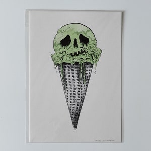 May include: A hand-drawn illustration of a melting green ice cream cone with a skull face. The ice cream is dripping down the cone, and the skull has a sad expression.