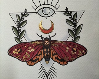 Ilustración de polilla halcón calavera en hoja de oro tamaño A4