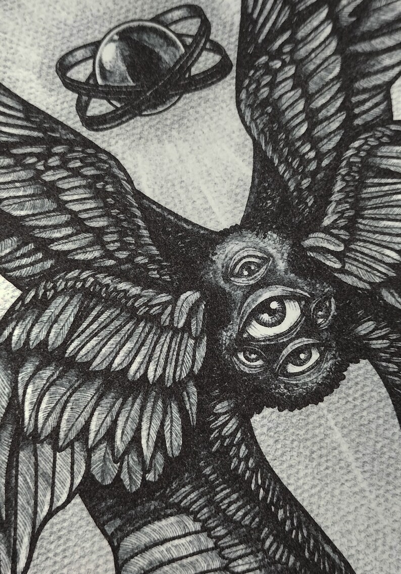May include: Detailed black and white illustration of a multi-eyed creature with large feathered wings. A sphere with intersecting rings floats above the creature. The artwork has a detailed, textured appearance.