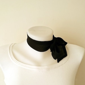 Black Skinny Scarf, 36.5&quot;x1.75&quot;, Women Neckerchief, Crepe Chiffon Neck Tie, Choker, Thin Scarf with Angled Ends, Spring Summer Fashion