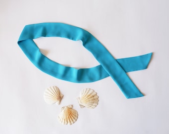 Turquoise Crepe Chiffon Skinny Scarf: 36.5"x1.75", Women's Polyester Neck Tie, Headband