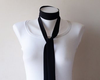 Black Skinny Scarf, 63"x1.5", Long Thin Scarf with Angled Ends, Crepe Choker Scarf, Bow Tie, Narrow Scarf, Neck Tie, Fashion Accessories