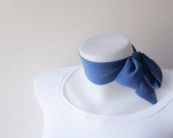 Denim Blue Mini Skinny Scarf, 36.5"x1.75", Crepe Chiffon Neck Tie, Choker, Dusty Blue Thin Scarf with Angled Ends, Headband, Spring Summer