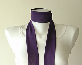 Purple Skinny Scarf, 80"x2", Ultra Violet Narrow Scarf, Long Thin Scarf with Angled Ends, Crepe Chiffon, Neck Tie, Choker, Womens Fashion