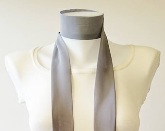 Grey Skinny Scarf, 80"x2", Gray Long Thin Scarf with Angled Ends, Crepe Chiffon Bow Tie, Narrow Scarf, Neck Tie, Choker, Women Accessories