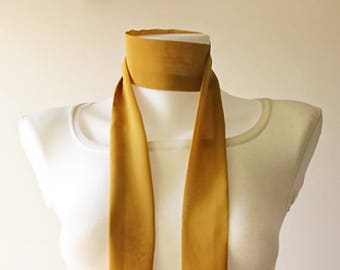 Mustard Yellow Skinny Scarf, 80"x2", Long Thin Scarf with Angled Ends, Crepe Chiffon Bow Tie, Choker Scarf, Neck Tie, Fashion Accessories