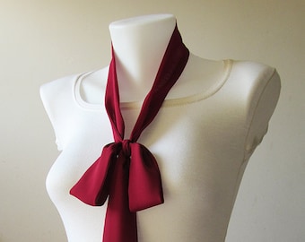 Burgundy Skinny Scarf, 80"x2", Long Thin Scarf with Angled Ends, Crepe Chiffon Bow Tie, Narrow Scarf, Neck Tie, Headband,Fashion Accessories