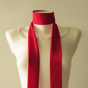 Red Skinny Scarf, 80&quot;x2&quot;, Long Thin Scarf with Angled Ends, Medina Silk Polyester Choker Scarf, Bow Tie, Narrow Scarf, Neck Tie