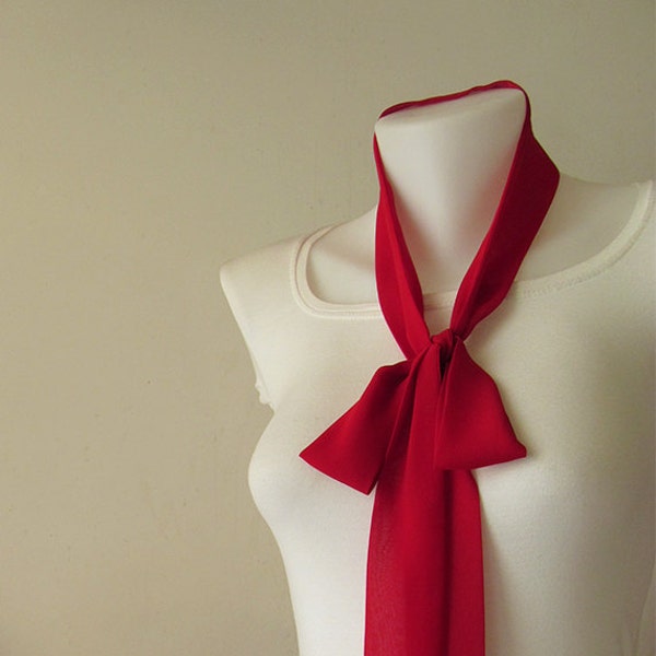 Red Skinny Scarf, 80"x2", Long Thin Scarf with Angled Ends, Crepe Chiffon, Bow Tie, Narrow Scarf, Neck Tie, Choker Scarf, Women Accessories