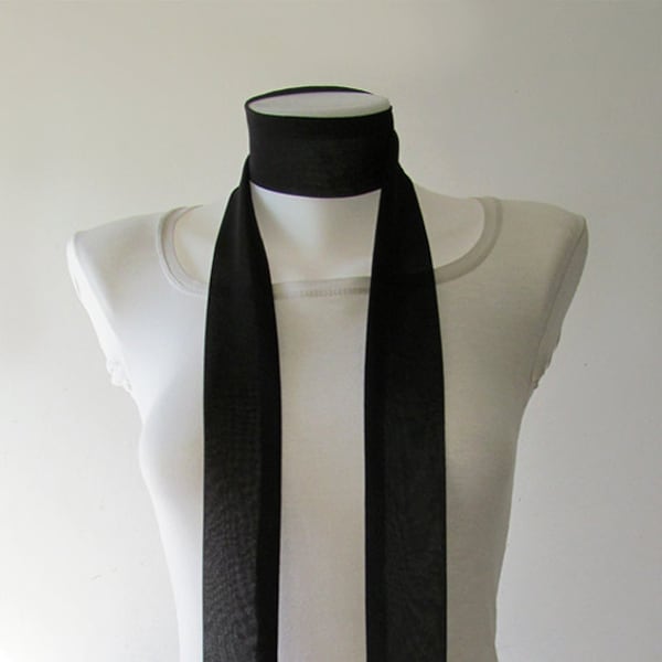 Écharpe fine noire, 80 x 2 pouces, écharpe longue et fine avec extrémités inclinées, Nœud papillon en mousseline de soie crêpe, écharpe étroite, cravate, tour de cou, accessoires de mode