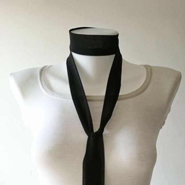 Black Crepe Chiffon Skinny Scarf: 63"x1.5", Long Angled Polyester Neck Tie