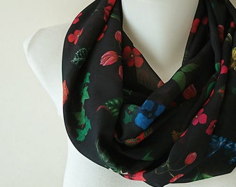 Black Floral Infinity Scarf, Flower Print Chiffon Circle Scarf, Women Loop Scarf, Fall Winter Spring Summer Fashion, Birthday Gift, For Her