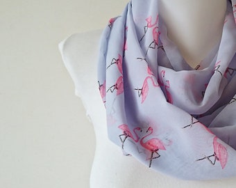 Flamingo Scarf, Light Blue Infinity Scarf, Pink Flamingo Printed Chiffon Scarf, Women Accessories, Fall Winter Spring Summer Fashion,For Her