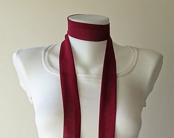 Burgundy Skinny Scarf, 63"x1.5", Womens Neck Tie, Long Thin Scarf with Angled Ends, Crepe Chiffon Bow Tie, Narrow Scarf, Choker, For Her