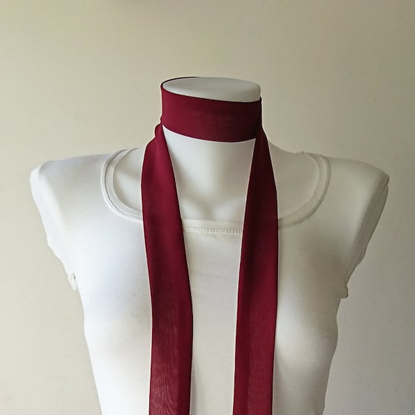Burgundy Skinny Scarf, 63"x1.5", Womens Neck Tie, Long Thin Scarf with Angled Ends, Crepe Chiffon Bow Tie, Narrow Scarf, Choker, For Her