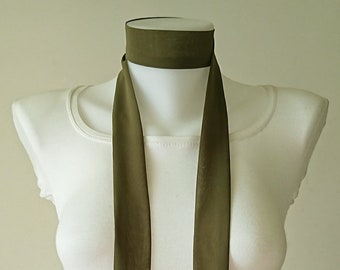 Olive Green Skinny Scarf, 63"x1.5", Long Thin Scarf with Angled Ends, Crepe Chiffon Bow Tie, Narrow Scarf, Neck Tie, Women Accessories