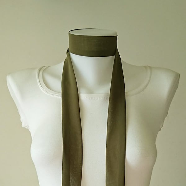 Olive Green Skinny Scarf, 63"x1.5", Long Thin Scarf with Angled Ends, Crepe Chiffon Bow Tie, Narrow Scarf, Neck Tie, Women Accessories