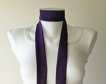 Purple Skinny Scarf, 63"x1.5", Ultra Violet Womens Neck Tie, Long Thin Scarf with Angled Ends, Crepe Chiffon Narrow Scarf, Choker, For Her