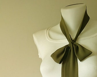 Olive Green Skinny Scarf, 80"x2", Long Thin Scarf with Angled Ends, Crepe Chiffon, Bow Tie, Narrow Scarf, Neck Tie, Choker,Women Accessories