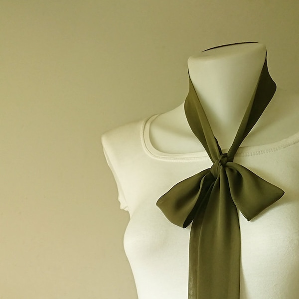 Olive Green Skinny Scarf, 80"x2", Long Thin Scarf with Angled Ends, Crepe Chiffon, Bow Tie, Narrow Scarf, Neck Tie, Choker,Women Accessories