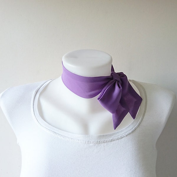 Lilac Mini Skinny Scarf, 36.5"x1.75", Ultra Violet, Crepe Chiffon Neck Tie, Choker, Thin Scarf with Angled Ends, Headband, Spring Summer