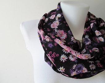 Floral Infinity Scarf, Black Circle Scarf, Chiffon Infinity Scarf, Women Scarf, Loop Scarf, Fall Winter Spring Summer Fashion, For Her