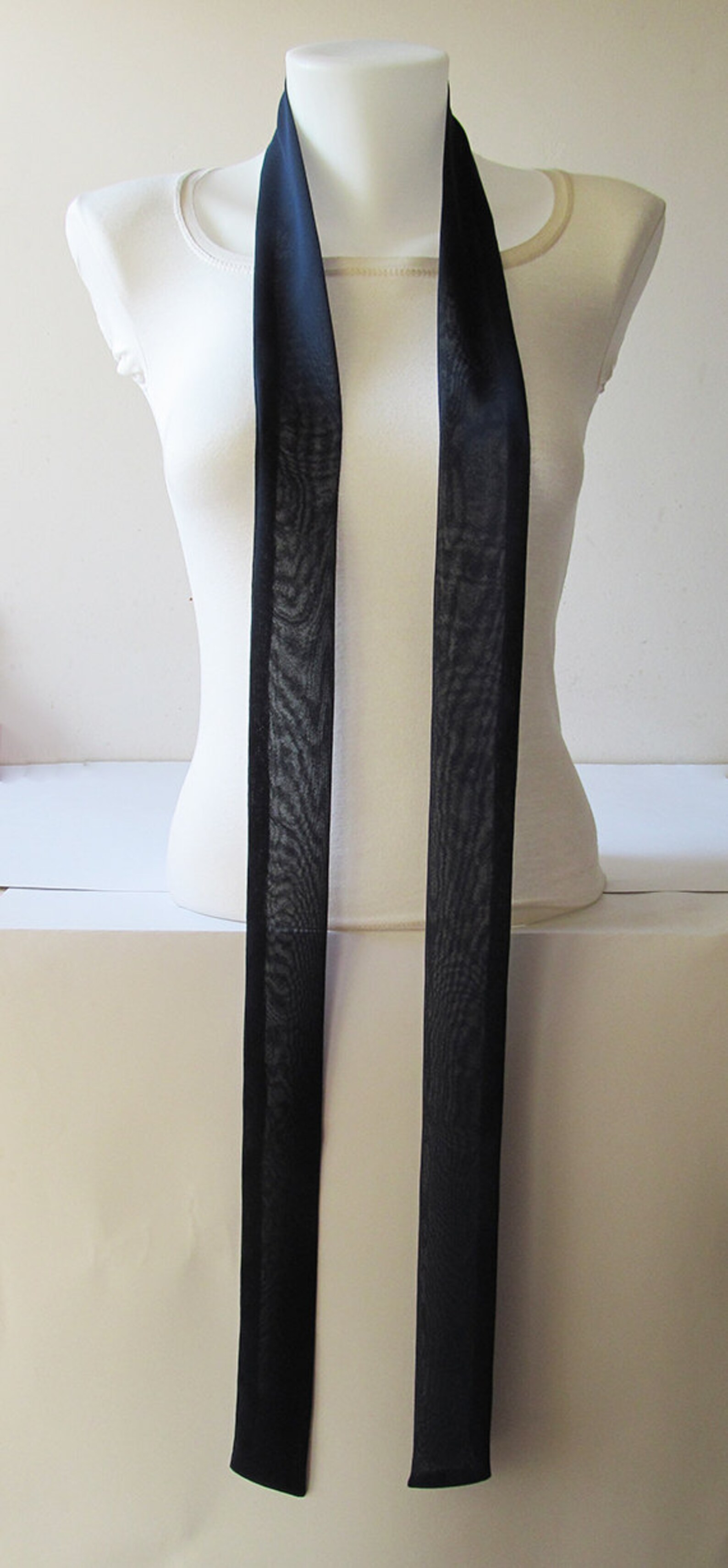 Navy Blue Skinny Scarf, 80x2, Long Thin Scarf With Angled Ends, Crepe