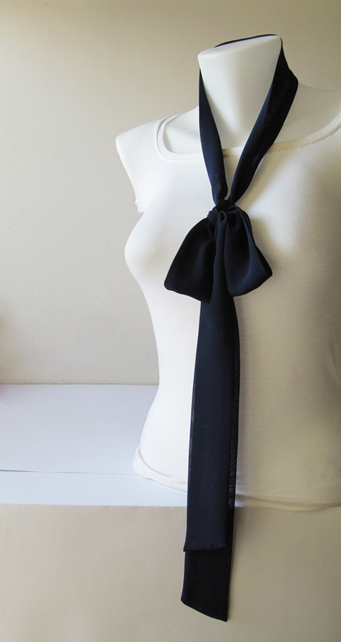 Navy Blue Skinny Scarf, 80x2, Long Thin Scarf With Angled Ends, Crepe