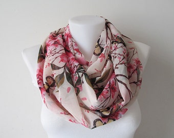 Pink Circle Scarf, Floral Pattern Infinity Scarf, Women Scarf, Loop Scarf, Fall Winter Spring Summer Fashion, Gift for Her
