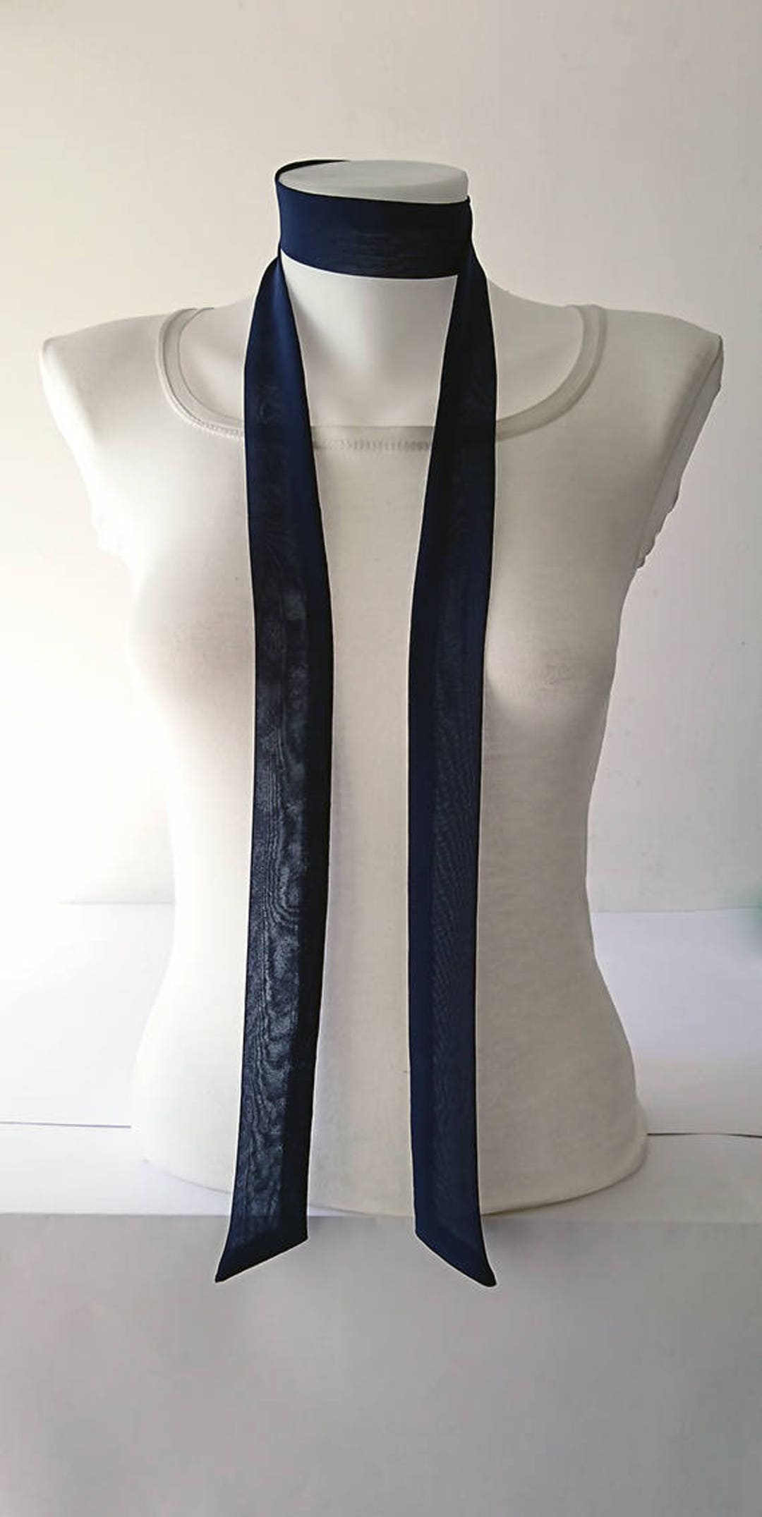 Navy Blue Skinny Scarf, 63x1.5, Long Thin Scarf With Angled Ends, Crepe