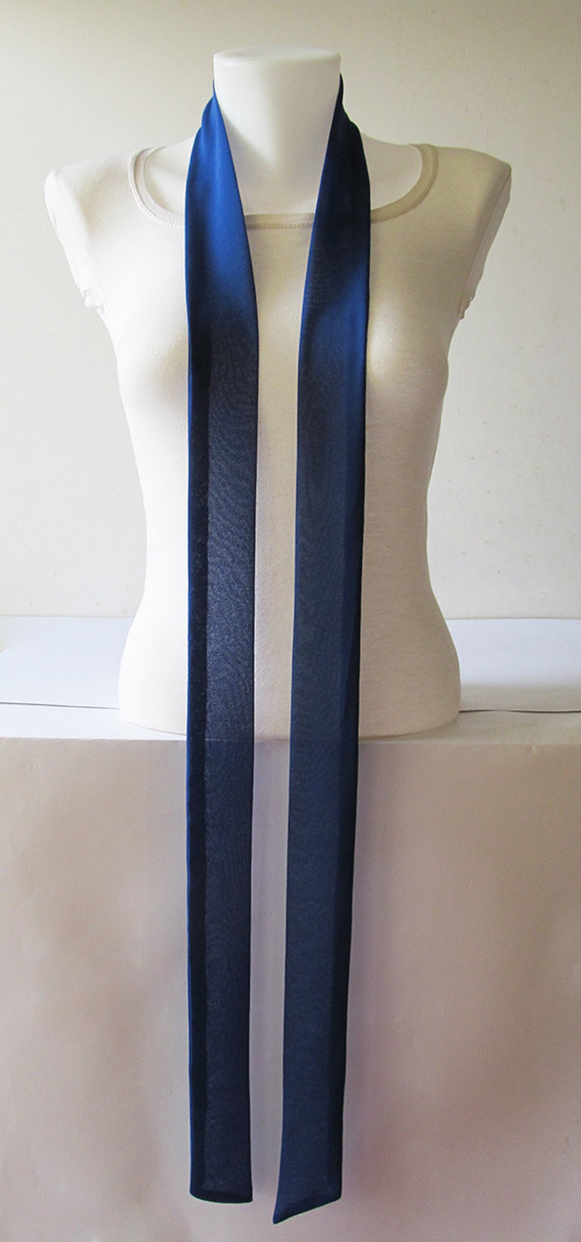 Dark Blue Skinny Scarf, 80x2, Long Thin Scarf With Angled Ends, Crepe