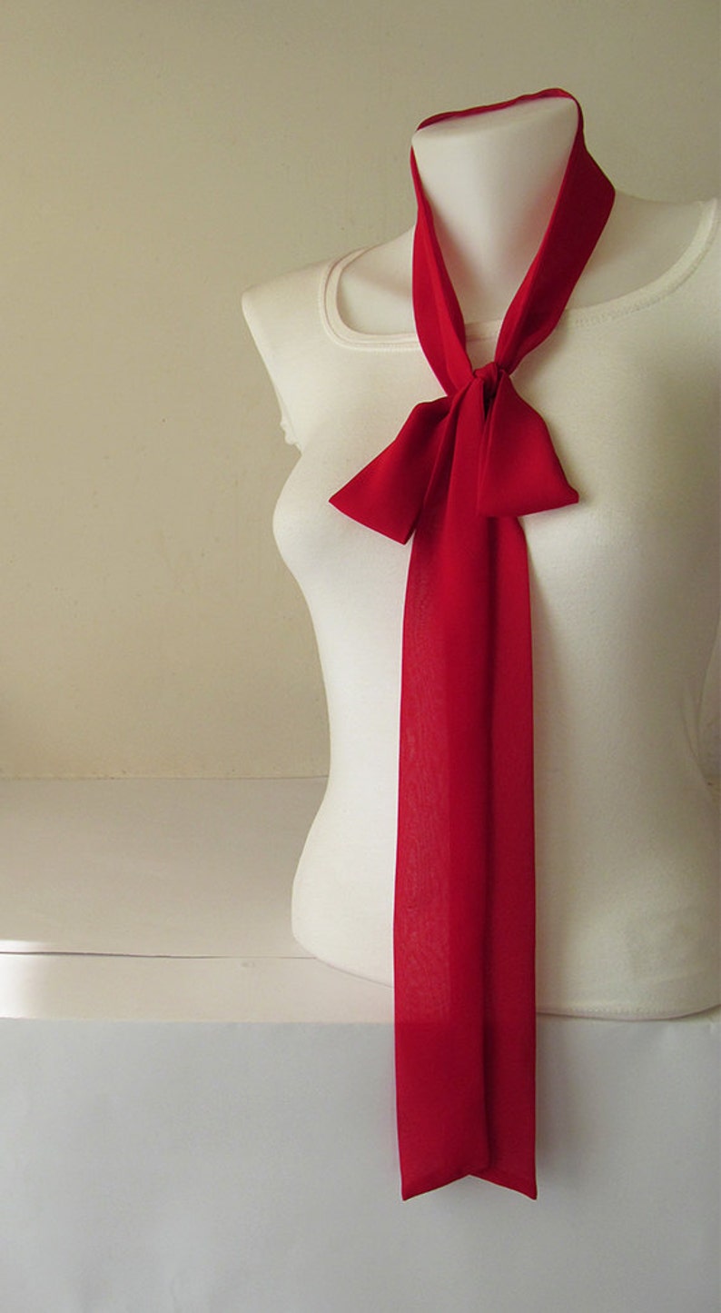 Red Skinny Scarf, 80x2, Long Thin Scarf With Angled Ends, Crepe Chiffon