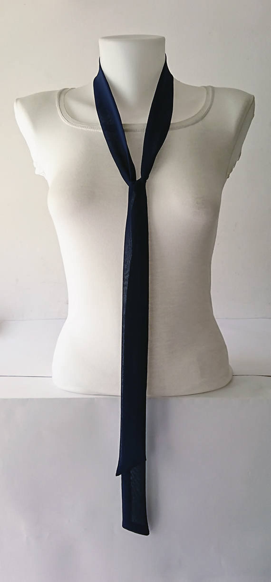 Navy Blue Skinny Scarf, 63x1.5, Long Thin Scarf With Angled Ends, Crepe