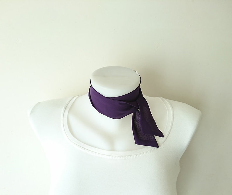 Purple Mini Skinny Scarf, 36.5x1.75, Ultra Violet Womens Neckerchief, Crepe Chiffon Neck Tie, Choker, Thin Scarf, Spring Summer, For Her image 3