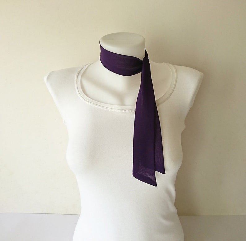 Purple Mini Skinny Scarf, 36.5x1.75, Ultra Violet Womens Neckerchief, Crepe Chiffon Neck Tie, Choker, Thin Scarf, Spring Summer, For Her image 4