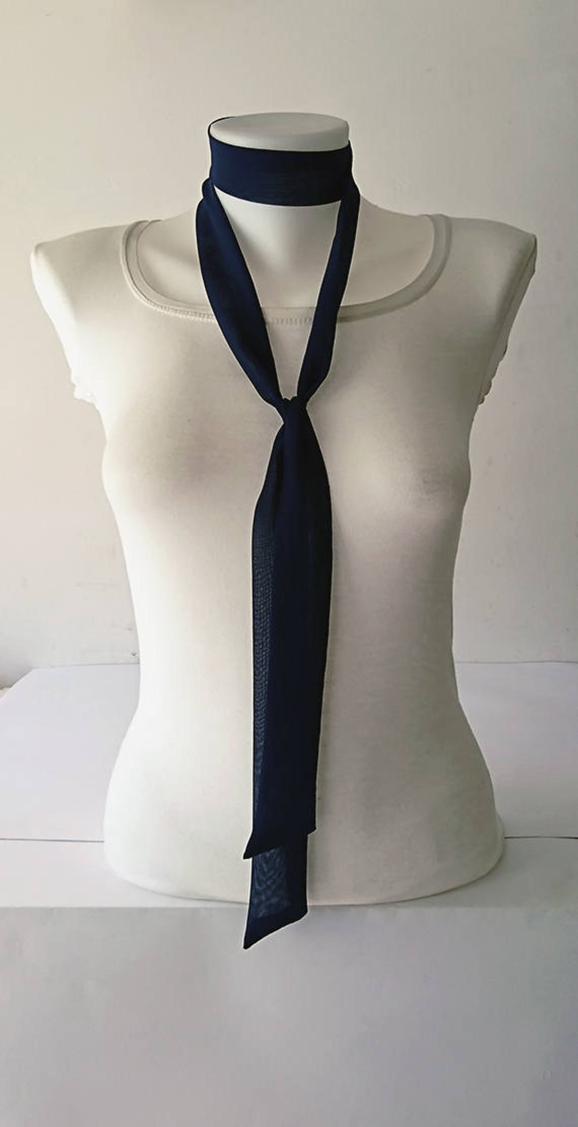Navy Blue Skinny Scarf, 63x1.5, Long Thin Scarf With Angled Ends, Crepe