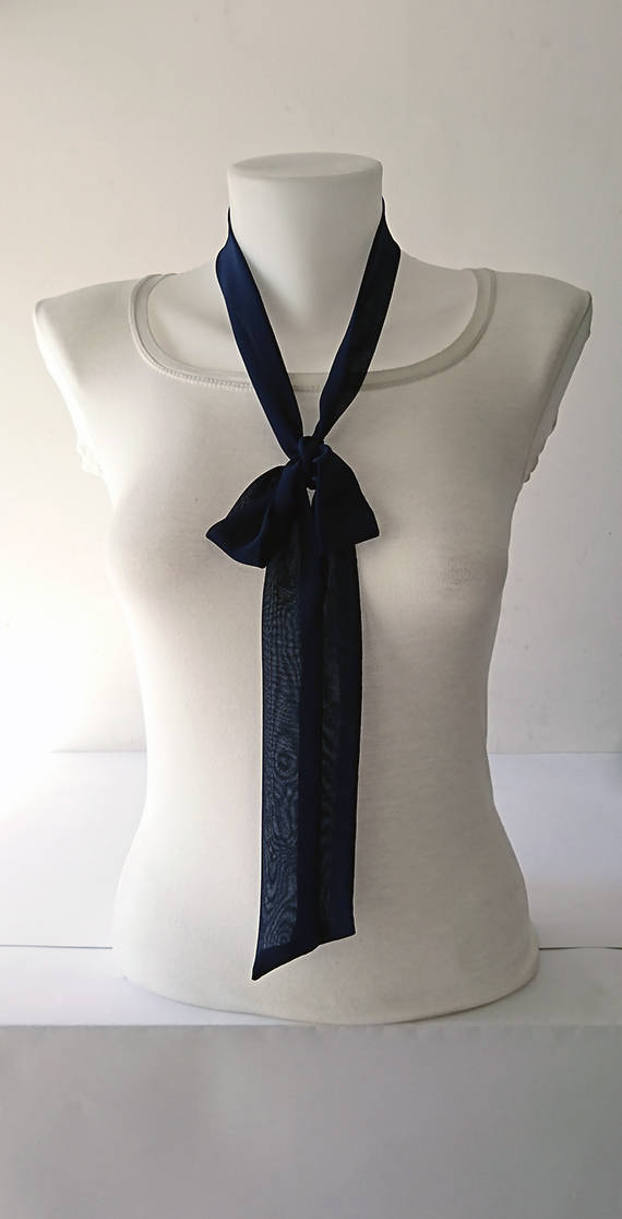 Navy Blue Skinny Scarf, 63x1.5, Long Thin Scarf With Angled Ends, Crepe