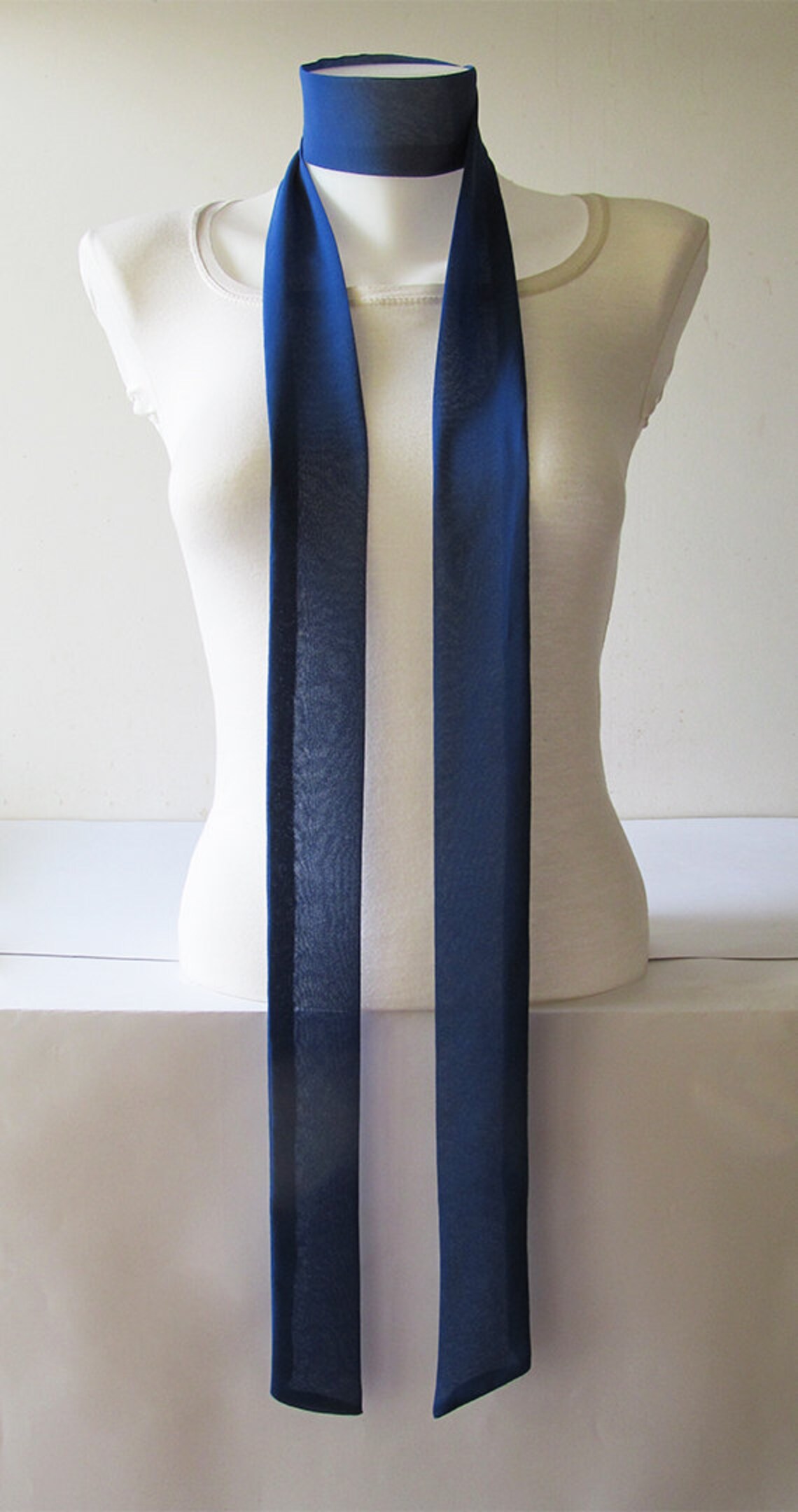 Dark Blue Skinny Scarf, 80x2, Long Thin Scarf With Angled Ends, Crepe